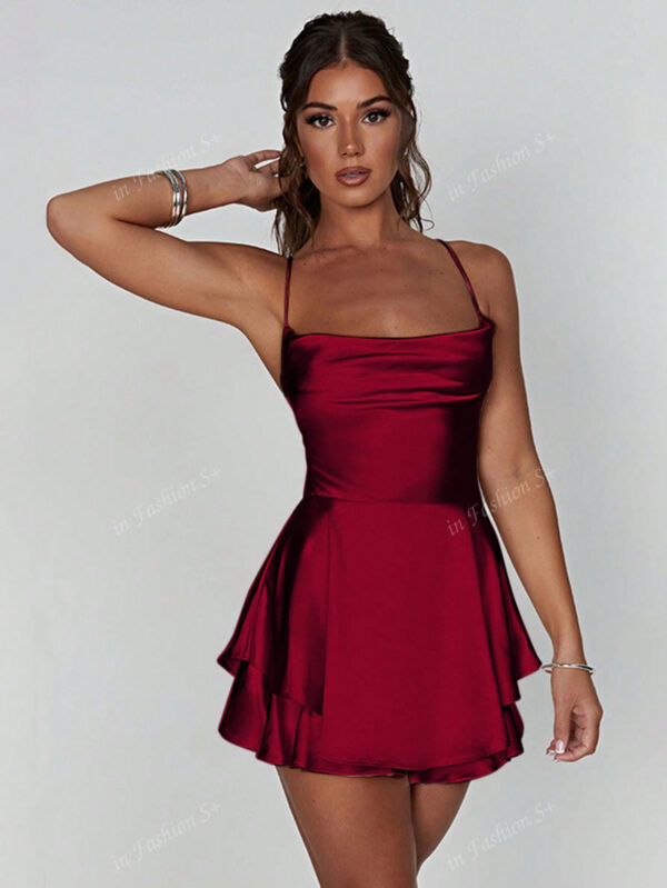 1 pièce Robe plissée avec design à cordon de serrage sans dos, robe mini en satin sexy pour soirée, bar, maison – Image 18