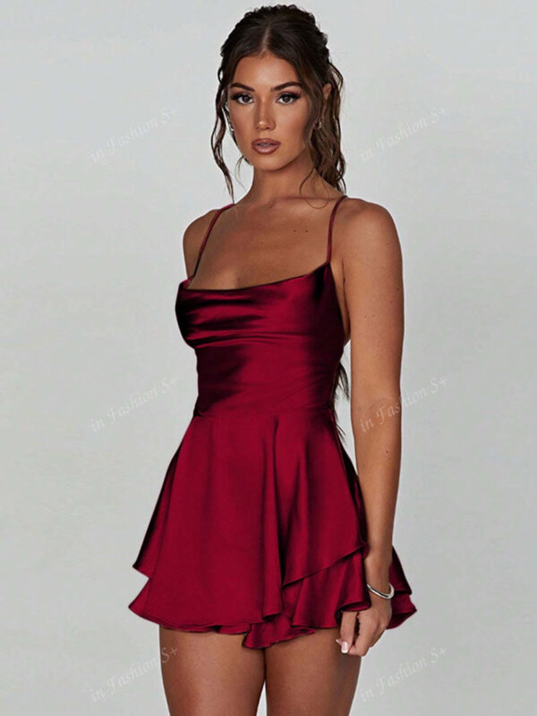 1 pièce Robe plissée avec design à cordon de serrage sans dos, robe mini en satin sexy pour soirée, bar, maison – Image 19