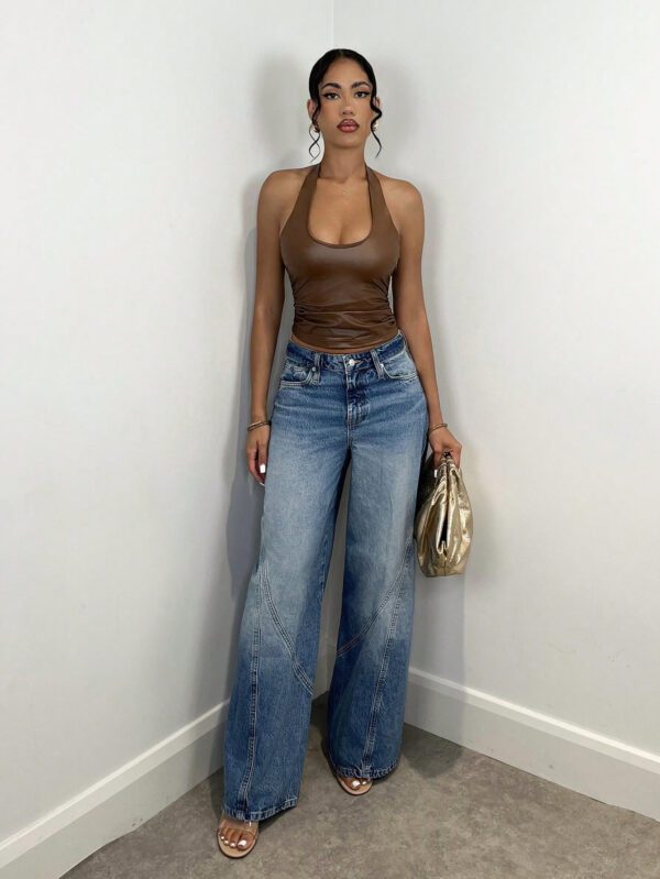 SHEIN BAE Débardeur simple à encolure ras-du-cou uni pour femmes, vêtements décontractés de tous les jours pour l'automne, vêtements en PU élastique pour femmes à l'automne, hauts d'automne pour femmes, vêtements d'hiver pour femmes