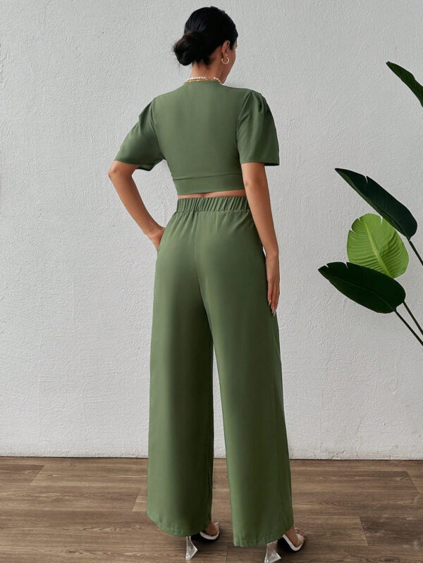 SHEIN Ensemble haut unicolore avec nœud devant et pantalon – Image 3