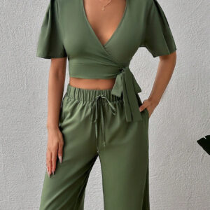 SHEIN Ensemble haut unicolore avec nœud devant et pantalon