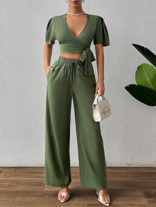 SHEIN Ensemble haut unicolore avec nœud devant et pantalon – Image 5