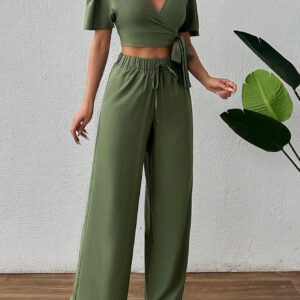 SHEIN Ensemble haut unicolore avec nœud devant et pantalon