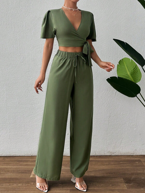 SHEIN Ensemble haut unicolore avec nœud devant et pantalon – Image 6