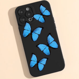 Coque de téléphone avec motif papillon bleu et pomme compatible avec iPhone 15/15Pro/15Plus/15Promax