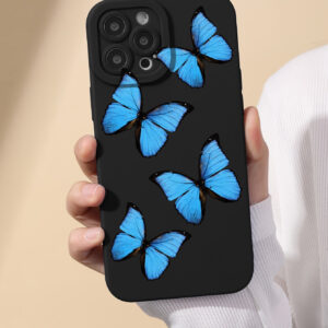 Coque de téléphone avec motif papillon bleu et pomme compatible avec iPhone 15/15Pro/15Plus/15Promax