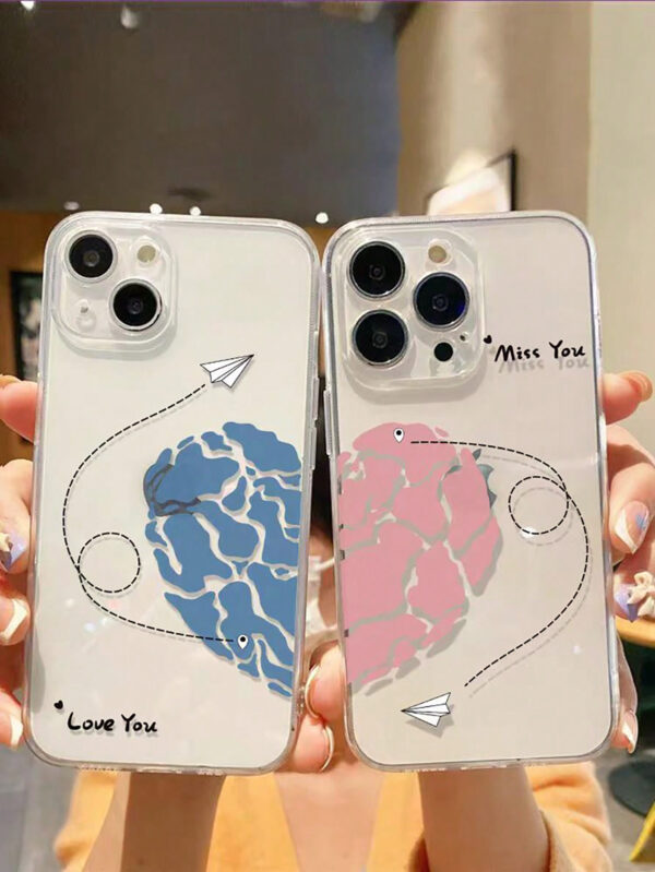 1 pièce Étui de téléphone transparent avec trou précis compatible avec Apple iPhone 6, 6 Plus, 15 Pro Max, avec motif de carte de cœur et d'avion pour les couples – Image 9