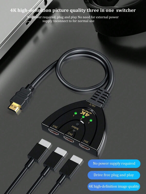 Commutateur HDMI compatible 4K 3 entrées 1 sortie, commutateur multimédia pour boîtier TV, connexion de moniteur