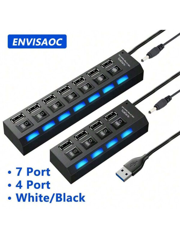 Concentrateur USB 7 ports avec LED, avec commutateur individuel. Concentrateur USB 4 ports avec commutateur individuel. Adaptateur concentrateur multiports avec interrupteur marche/arrêt. Répartiteur de charge pour PC, ordinateur portable, clé USB, téléphone, tablette, sans charge