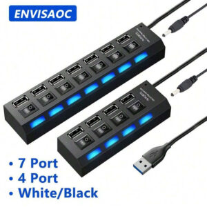 Concentrateur USB 7 ports avec LED, avec commutateur individuel. Concentrateur USB 4 ports avec commutateur individuel. Adaptateur concentrateur multiports avec interrupteur marche/arrêt. Répartiteur de charge pour PC, ordinateur portable, clé USB, téléphone, tablette, sans charge