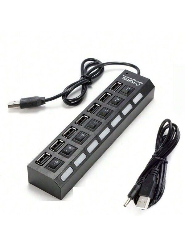 Concentrateur USB 7 ports avec LED, avec commutateur individuel. Concentrateur USB 4 ports avec commutateur individuel. Adaptateur concentrateur multiports avec interrupteur marche/arrêt. Répartiteur de charge pour PC, ordinateur portable, clé USB, téléphone, tablette, sans charge – Image 8