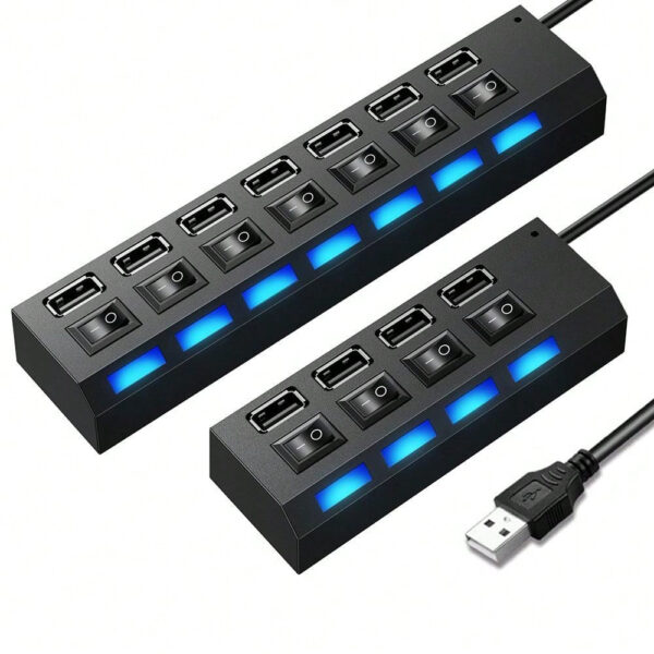 Concentrateur USB 7 ports avec LED, avec commutateur individuel. Concentrateur USB 4 ports avec commutateur individuel. Adaptateur concentrateur multiports avec interrupteur marche/arrêt. Répartiteur de charge pour PC, ordinateur portable, clé USB, téléphone, tablette, sans charge – Image 11