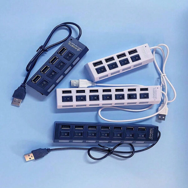 Concentrateur USB 7 ports avec LED, avec commutateur individuel. Concentrateur USB 4 ports avec commutateur individuel. Adaptateur concentrateur multiports avec interrupteur marche/arrêt. Répartiteur de charge pour PC, ordinateur portable, clé USB, téléphone, tablette, sans charge – Image 13