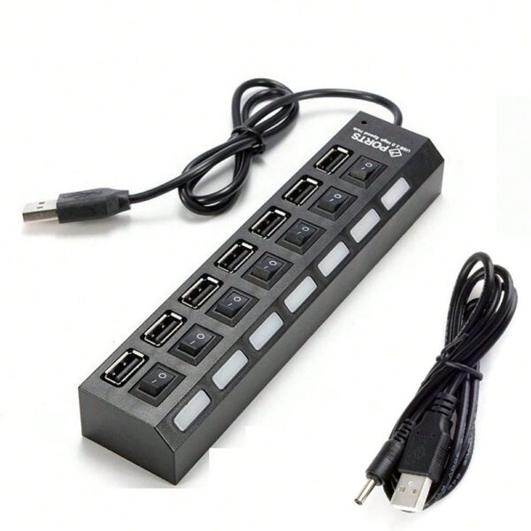 Concentrateur USB 7 ports avec LED, avec commutateur individuel. Concentrateur USB 4 ports avec commutateur individuel. Adaptateur concentrateur multiports avec interrupteur marche/arrêt. Répartiteur de charge pour PC, ordinateur portable, clé USB, téléphone, tablette, sans charge – Image 16