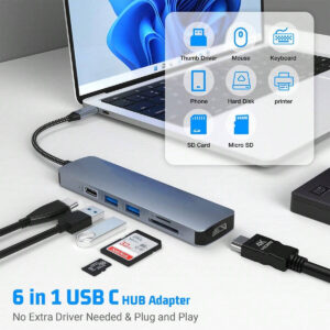 Concentrateur USB C 6 en 1 Type C 3.1 vers adaptateur 4K avec lecteur de carte SD/TF, charge rapide PD 2.0/3.0, port de transfert de données, prise pour clé USB, compact et portable à emporter pour les déplacements professionnels pour ordinateur portable, PC, téléphone Android, tablette