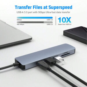 Concentrateur USB C 6 en 1 Type C 3.1 vers adaptateur 4K avec lecteur de carte SD/TF, charge rapide PD 2.0/3.0, port de transfert de données, prise pour clé USB, compact et portable à emporter pour les déplacements professionnels pour ordinateur portable, PC, téléphone Android, tablette