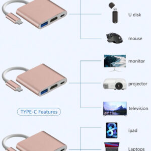 1 Pièce Hub À 3 Ports Type-c Rose Clair Pour Ordinateur Portable, Bureau Et Tablette De Type C