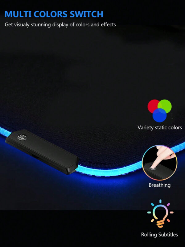 1 pièce Tapis de souris noir pur extra-large coloré RVB lumineux 80cmx30cmx0,3cm pour bureau/Tapis de souris de jeu RVB 30cmX25cm avec lumières et surface imperméable, bords durables, adapté pour bureau d'ordinateur, bureau d'écriture et d'étude, tapis de bureau LED – Image 15