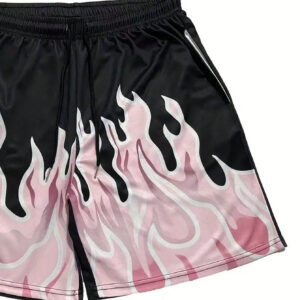 KOVSEE Short de sport à 3/4 de style petit ami, mode pour hommes, en maille respirante avec un imprimé de flamme en contraste de couleur de style américain