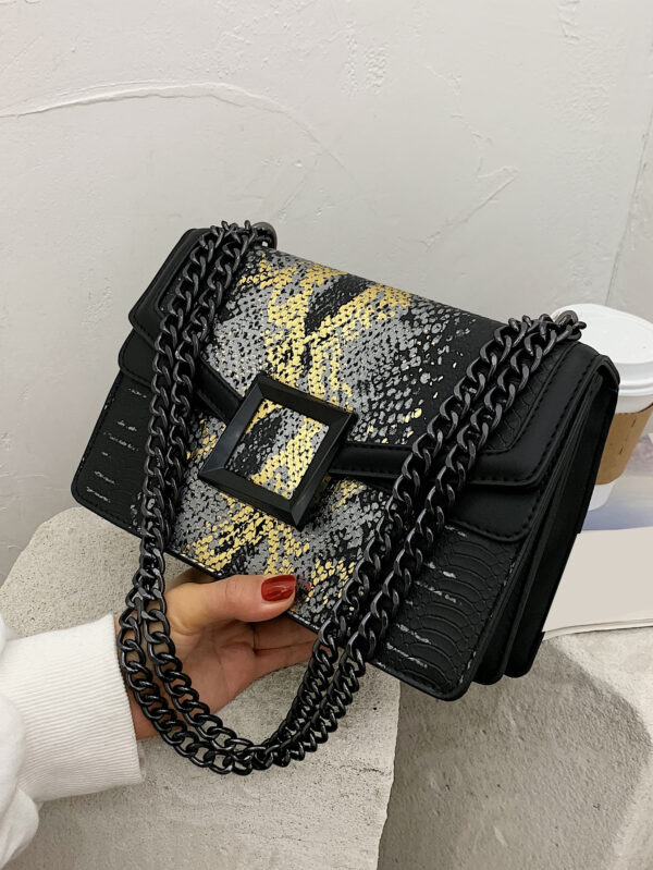 Sac carré en relief de python petit à rabat chaîne sangle – Image 2