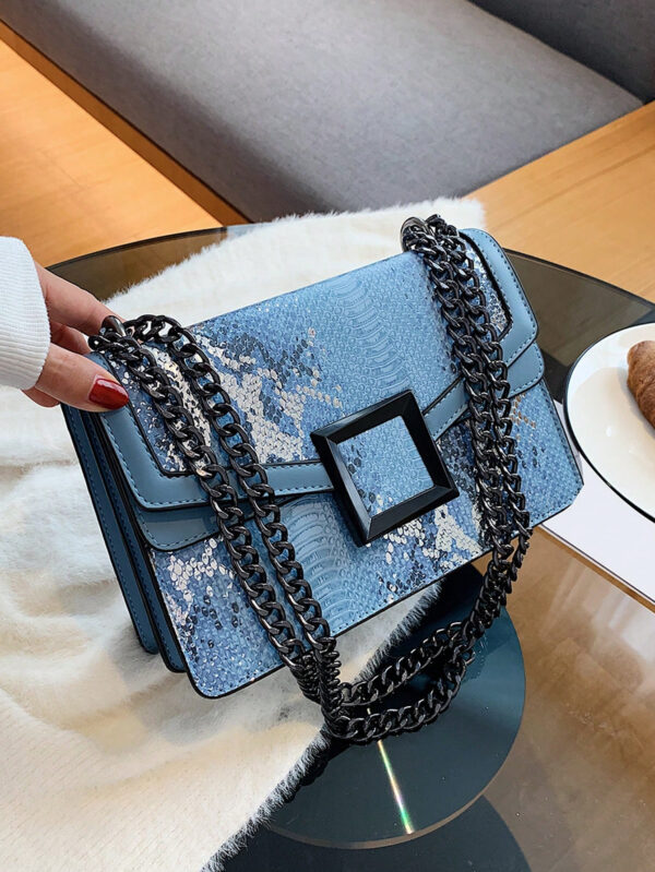 Sac carré en relief de python petit à rabat chaîne sangle – Image 5