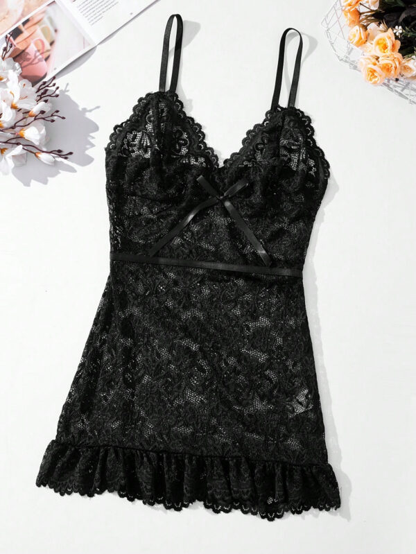 Classic Sexy Robe de lingerie sexy avec volant à ourlet en dentelle florale et string – Image 7