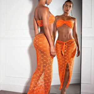 SHEIN BAE Haut en crochet orange en maille creuse, top en néon perspective pour tenues de musique de festival de pays, tenues de concert en crochet, parfait pour les fêtes de plage de vacances, bikini tube top, ensemble jupe cache-maillot noué