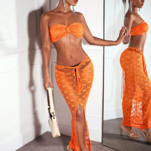 SHEIN BAE Haut en crochet orange en maille creuse, top en néon perspective pour tenues de musique de festival de pays, tenues de concert en crochet, parfait pour les fêtes de plage de vacances, bikini tube top, ensemble jupe cache-maillot noué