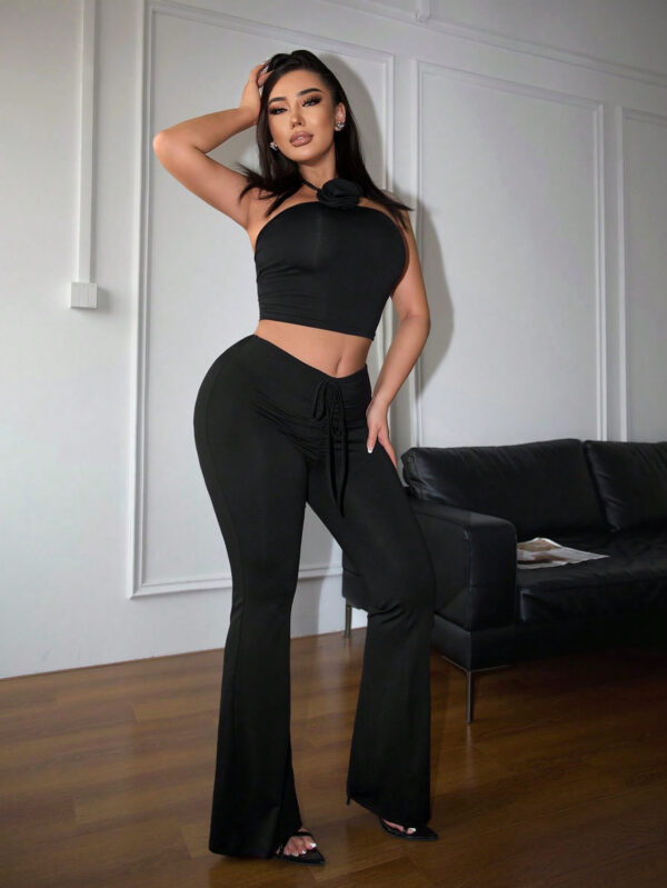 SHEIN SXY x STAS SHEIN SXY Ensemble de deux pièces pour femme, Haut imprimé floral sexy et pantalon évasé – Image 9