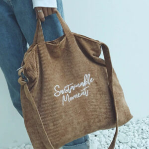 Sac fourre-tout à bandoulière en velours côtelé vintage, sac de shopping léger et à la mode pour femmes avec un design imprimé en lettres