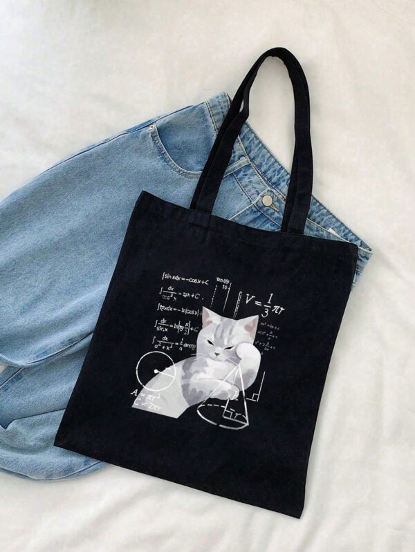 1 pièce Sac fourre-tout noir avec impression de problème de mathématiques pensant au chat, sac de courses en canevas pour femmes pour une utilisation extérieure Léger, portable, convient aux adolescentes, aux étudiantes, parfait pour la rentrée scolaire, l'université, le collège, le lycée