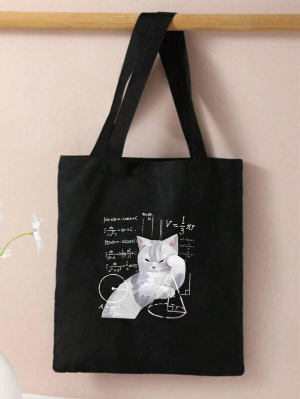 1 pièce Sac fourre-tout noir avec impression de problème de mathématiques pensant au chat, sac de courses en canevas pour femmes pour une utilisation extérieure Léger, portable, convient aux adolescentes, aux étudiantes, parfait pour la rentrée scolaire, l'université, le collège, le lycée – Image 3