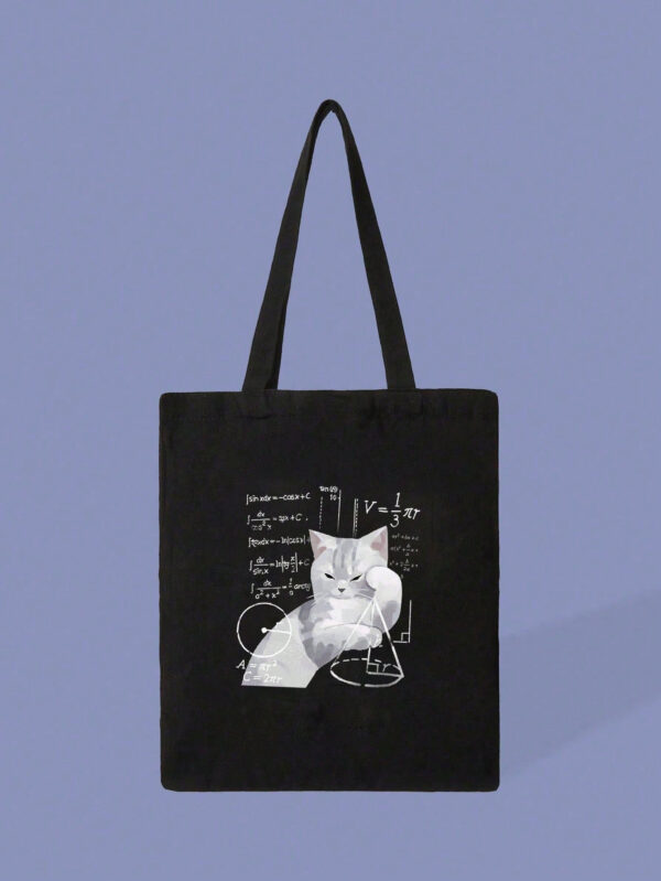 1 pièce Sac fourre-tout noir avec impression de problème de mathématiques pensant au chat, sac de courses en canevas pour femmes pour une utilisation extérieure Léger, portable, convient aux adolescentes, aux étudiantes, parfait pour la rentrée scolaire, l'université, le collège, le lycée – Image 4