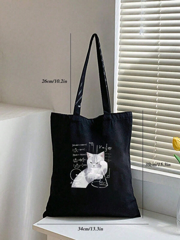 1 pièce Sac fourre-tout noir avec impression de problème de mathématiques pensant au chat, sac de courses en canevas pour femmes pour une utilisation extérieure Léger, portable, convient aux adolescentes, aux étudiantes, parfait pour la rentrée scolaire, l'université, le collège, le lycée – Image 5