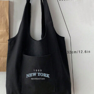 1 pièce Sac fourre-tout en canevas noir à la mode avec imprimé de lettre 1989newyork, avec une bandoulière simple pour femmes, sac de courses portable, sac à livres prep pour la semaine du livre