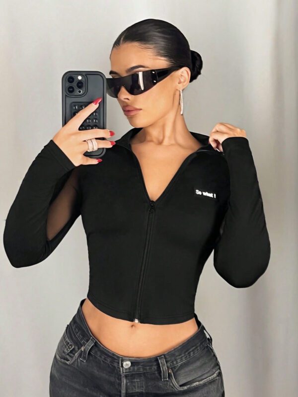SHEIN ICON T-shirt à manches longues ajusté avec zip frontal et insert en maille col montant – Image 6