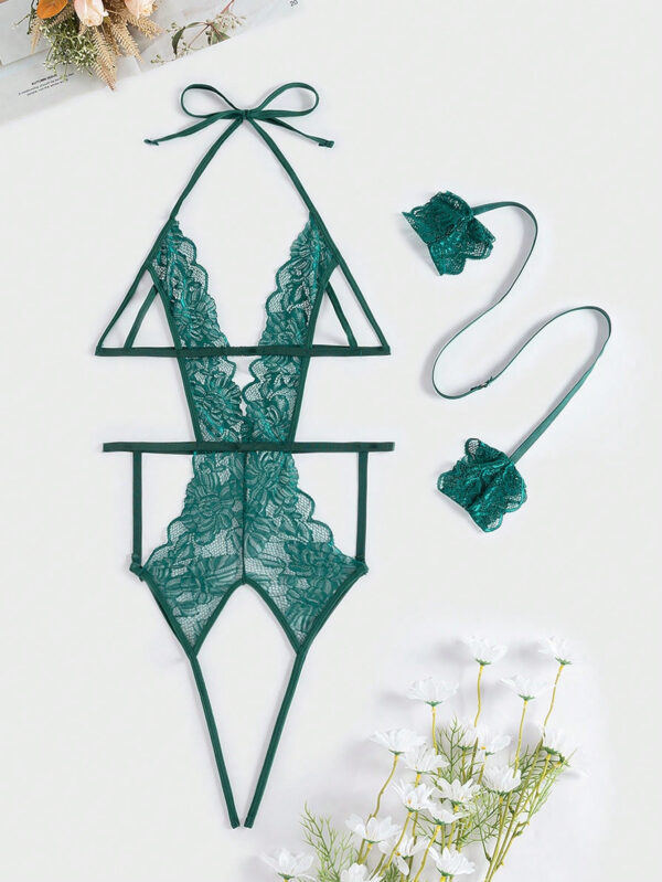 Exotic-Bondage Body à encolure ras-du-cou en dentelle florale découpée et sans entre-jambes avec faux poignets, lingerie – Image 4