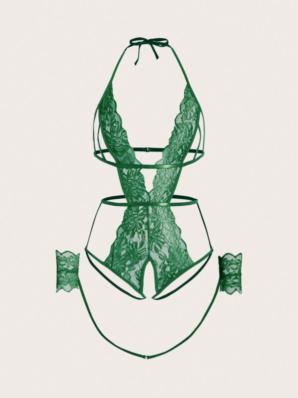 Exotic-Bondage Body à encolure ras-du-cou en dentelle florale découpée et sans entre-jambes avec faux poignets, lingerie – Image 8