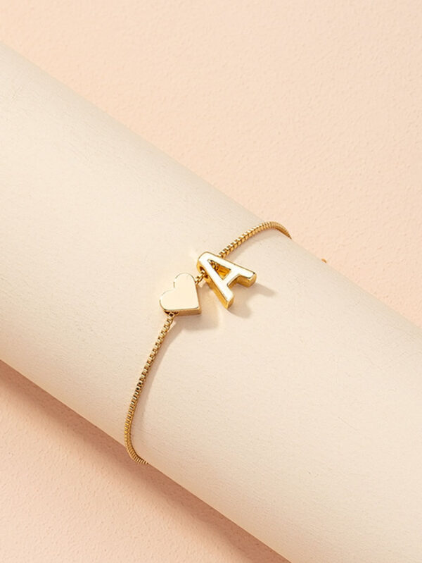 1 pièce Bracelet charm simple et avec symbole de cœur, bracelet à maillons avec 26 lettres de l'alphabet anglais de conception rétro, Saint-Valentin – Image 3