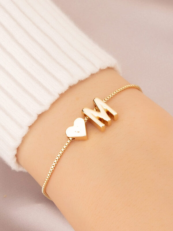 1 pièce Bracelet charm simple et avec symbole de cœur, bracelet à maillons avec 26 lettres de l'alphabet anglais de conception rétro, Saint-Valentin – Image 4