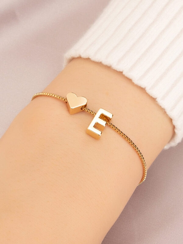 1 pièce Bracelet charm simple et avec symbole de cœur, bracelet à maillons avec 26 lettres de l'alphabet anglais de conception rétro, Saint-Valentin – Image 7