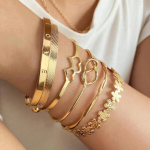 6 Pièces/set Bracelet Ouvert À Double cœur À Lettre De Fleur D'amour Pour Femmes, Port Quotidien Et Cadeau De Fête, Couleur D'or