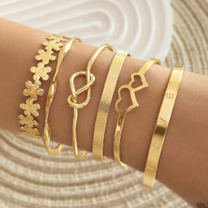 6 Pièces/set Bracelet Ouvert À Double cœur À Lettre De Fleur D'amour Pour Femmes, Port Quotidien Et Cadeau De Fête, Couleur D'or