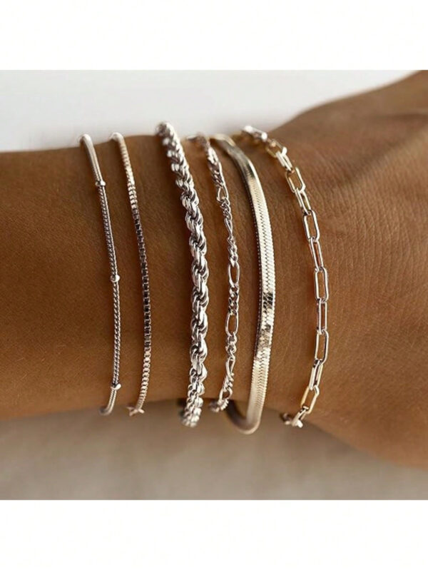6 pièces Nouveauté à la mode en acier inoxydable plaqué or 14 carats, chaîne de câble torsadée imperméable et résistante au ternissement, chaîne serpent et bracelet de perles, convient aux vêtements quotidiens des femmes, aux fêtes, aux cadeaux – Image 4