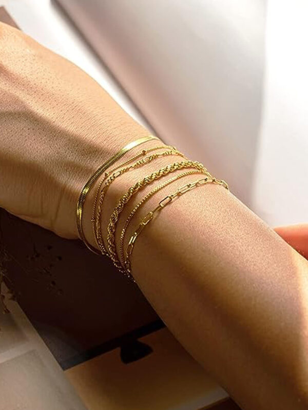 6 pièces Nouveauté à la mode en acier inoxydable plaqué or 14 carats, chaîne de câble torsadée imperméable et résistante au ternissement, chaîne serpent et bracelet de perles, convient aux vêtements quotidiens des femmes, aux fêtes, aux cadeaux – Image 7