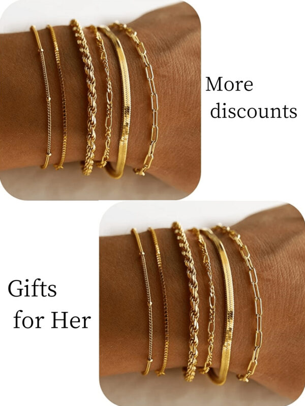 6 pièces Nouveauté à la mode en acier inoxydable plaqué or 14 carats, chaîne de câble torsadée imperméable et résistante au ternissement, chaîne serpent et bracelet de perles, convient aux vêtements quotidiens des femmes, aux fêtes, aux cadeaux – Image 8