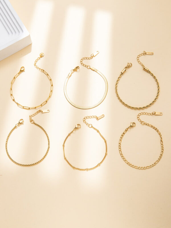 6 pièces Nouveauté à la mode en acier inoxydable plaqué or 14 carats, chaîne de câble torsadée imperméable et résistante au ternissement, chaîne serpent et bracelet de perles, convient aux vêtements quotidiens des femmes, aux fêtes, aux cadeaux – Image 11