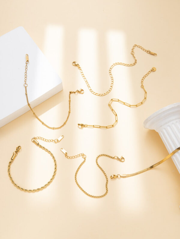 6 pièces Nouveauté à la mode en acier inoxydable plaqué or 14 carats, chaîne de câble torsadée imperméable et résistante au ternissement, chaîne serpent et bracelet de perles, convient aux vêtements quotidiens des femmes, aux fêtes, aux cadeaux – Image 12