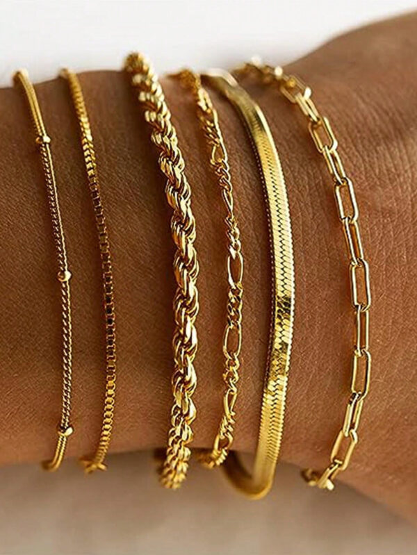 6 pièces Nouveauté à la mode en acier inoxydable plaqué or 14 carats, chaîne de câble torsadée imperméable et résistante au ternissement, chaîne serpent et bracelet de perles, convient aux vêtements quotidiens des femmes, aux fêtes, aux cadeaux – Image 13