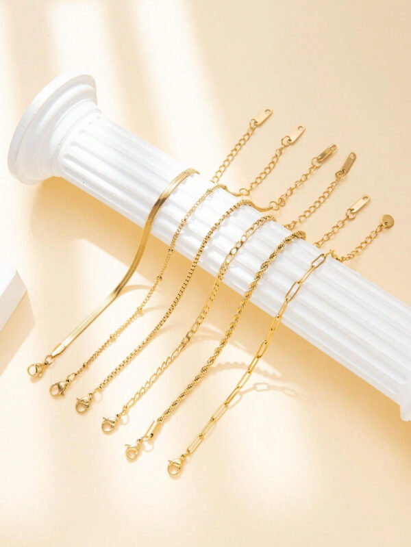 6 pièces Nouveauté à la mode en acier inoxydable plaqué or 14 carats, chaîne de câble torsadée imperméable et résistante au ternissement, chaîne serpent et bracelet de perles, convient aux vêtements quotidiens des femmes, aux fêtes, aux cadeaux – Image 18